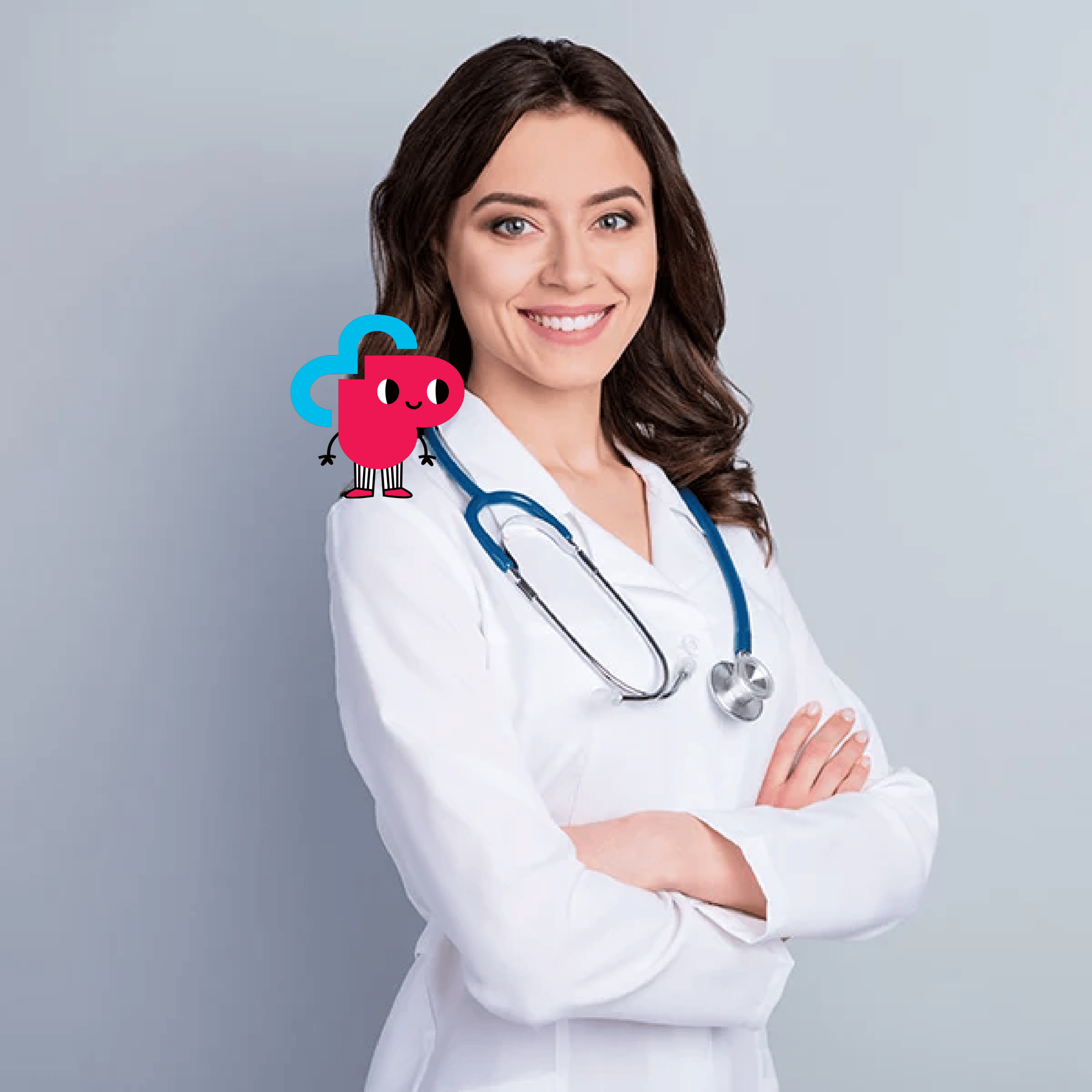 Smiling female doctor with CARIE on her shoulder.
