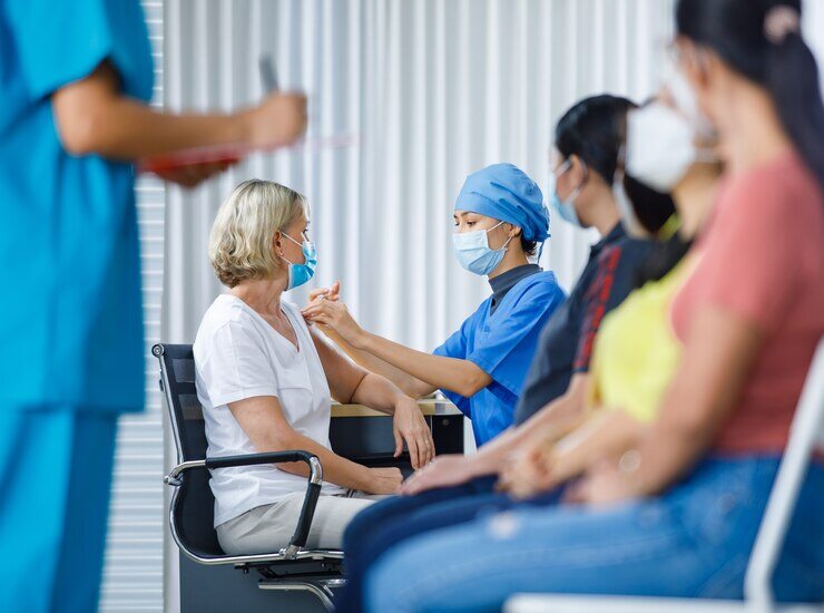 asian-female-doctor-wears-face-mask-hospital-uniform-injecting-coronavirus-vaccine-shot-caucasian-senior-woman-shoulder-while-other-multi-ethnics-patients-looking-blurred-foreground-queue_102814-438